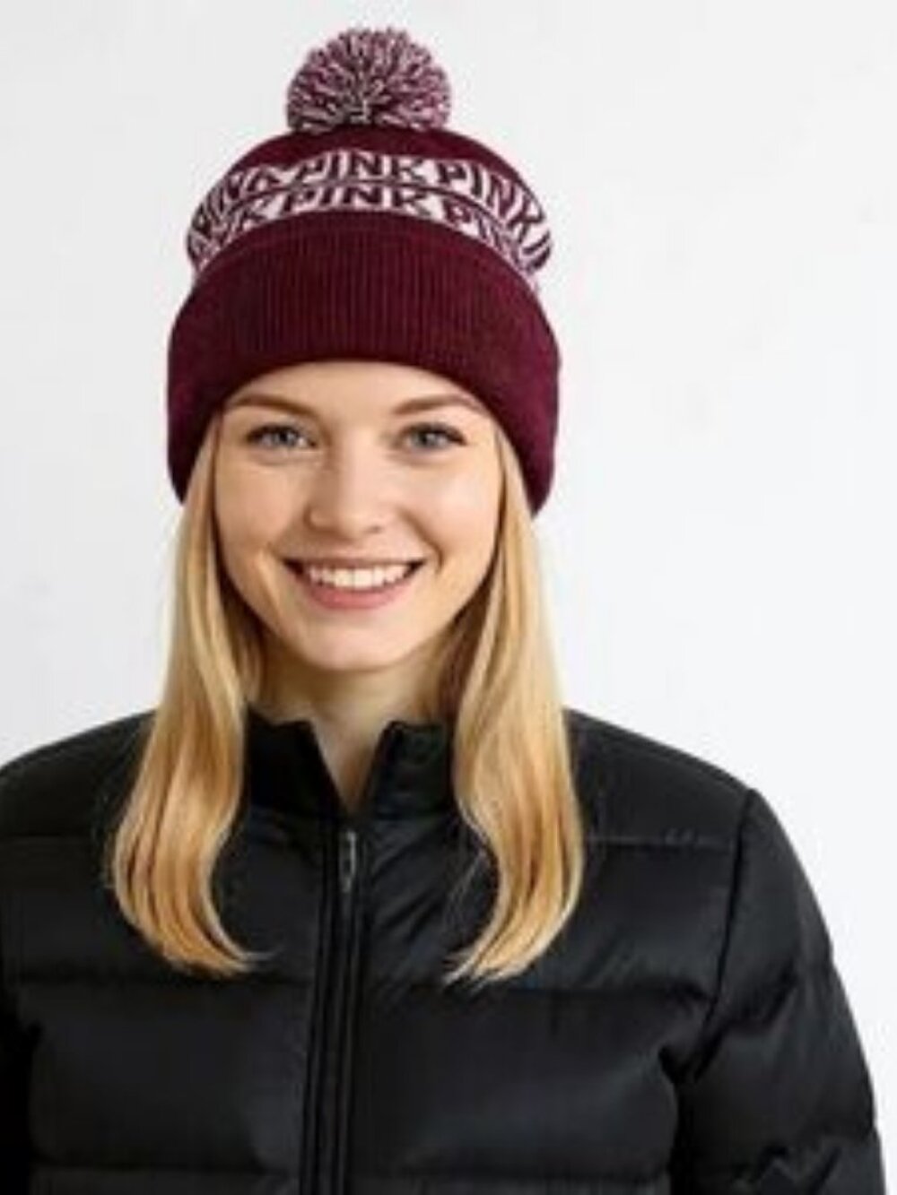 Victoria's Secret PINK Pom Pom Beanie Winter Hat (OS) - Burgundy/ Maroon